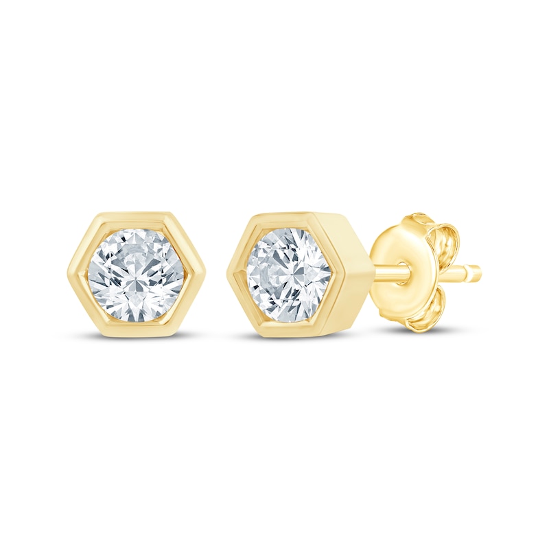 Main Image 1 of STUDIO BY KAY Round-Cut Lab-Grown Diamond Solitaire Hexagon Frame Stud Earrings 1 ct tw 24K Yellow Gold Vermeil Sterling Silver (F/SI2)