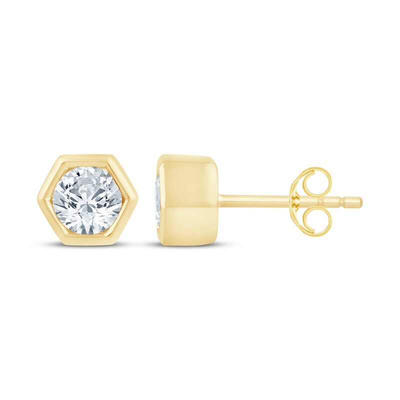 Main Image 3 of STUDIO BY KAY Round-Cut Lab-Grown Diamond Solitaire Hexagon Frame Stud Earrings 1 ct tw 24K Yellow Gold Vermeil Sterling Silver (F/SI2)