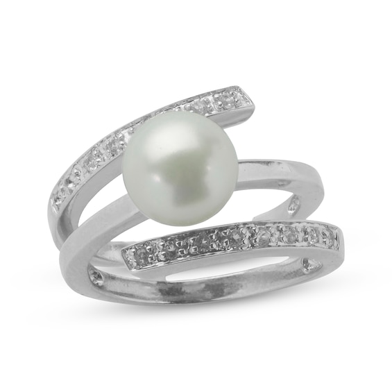 Button Cultured Pearl & White Topaz Wrap Ring Sterling Silver