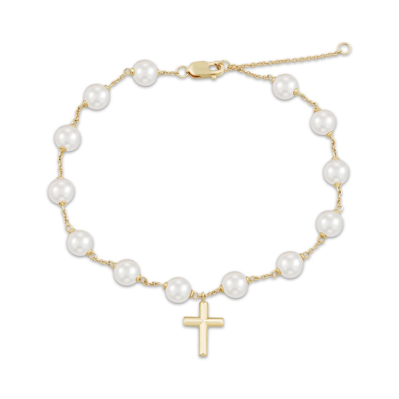 Main Image 1 of Cultured Pearl Cross Charm Bracelet 10K Yellow Gold 7.5"