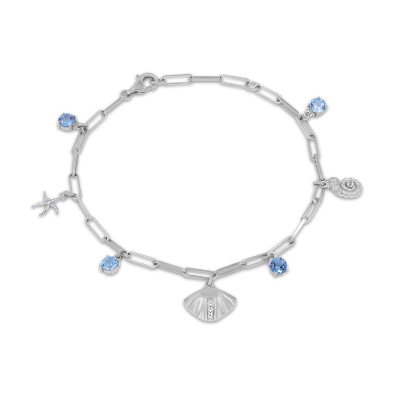 Main Image 1 of Blue Topaz & White Lab-Created Sapphire Sea Life Charm Anklet Sterling Silver 9.5"
