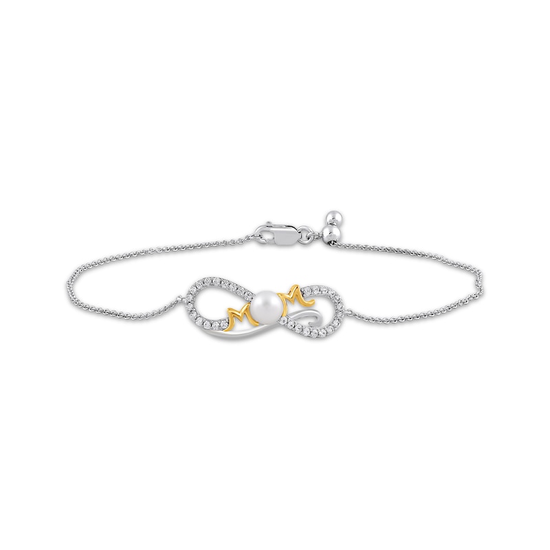 Main Image 1 of Cultured Pearl & White Lab-Created Sapphire "Mom" Infinity Bracelet Sterling Silver & 14K Yellow Gold Plating 7.5"