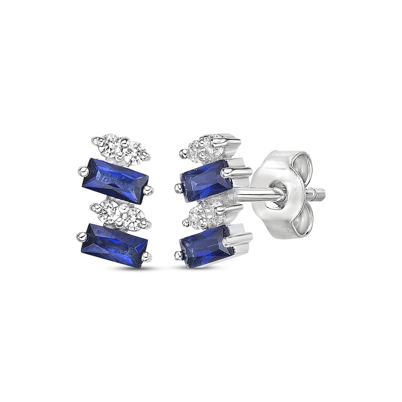 Main Image 1 of Rectangle-Cut Blue Lab-Created Sapphire & Round-Cut White Lab-Created Sapphire Stud Earrings Sterling Silver