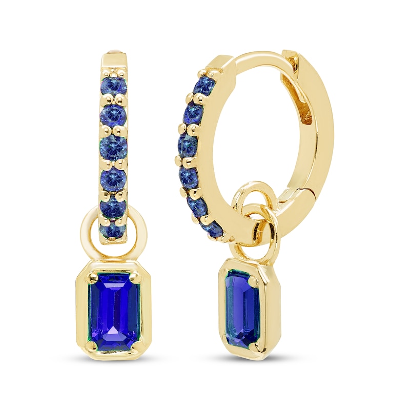 Main Image 1 of STUDIO BY KAY Emerald & Round-Cut Blue Lab-Created Sapphire Hoop Drop Earrings 24K Yellow Gold Vermeil Sterling Silver