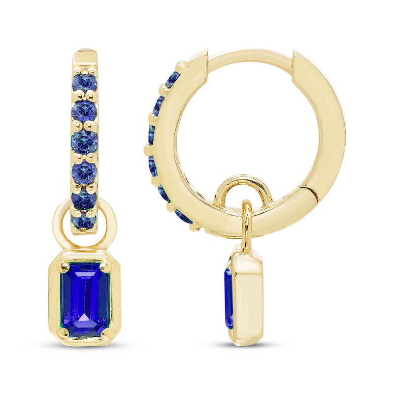 Main Image 3 of STUDIO BY KAY Emerald & Round-Cut Blue Lab-Created Sapphire Hoop Drop Earrings 24K Yellow Gold Vermeil Sterling Silver
