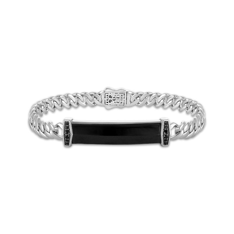 Main Image 1 of Men's Black Onyx & Black Diamond ID Bracelet 1/6 ct tw Sterling Silver 8.5"
