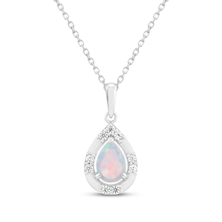 Pear-Shaped Lab-Created Opal & White Lab-Created Sapphire Necklace Sterling Silver 18"