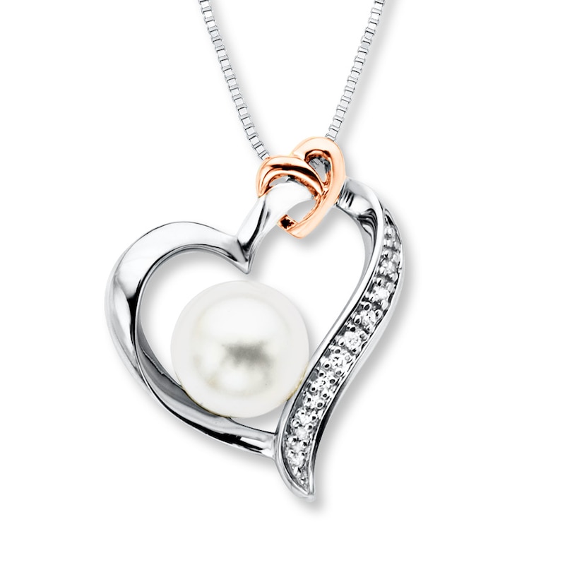 Heart Necklace Cultured Pearl/Diamonds Sterling Silver/10K Gold