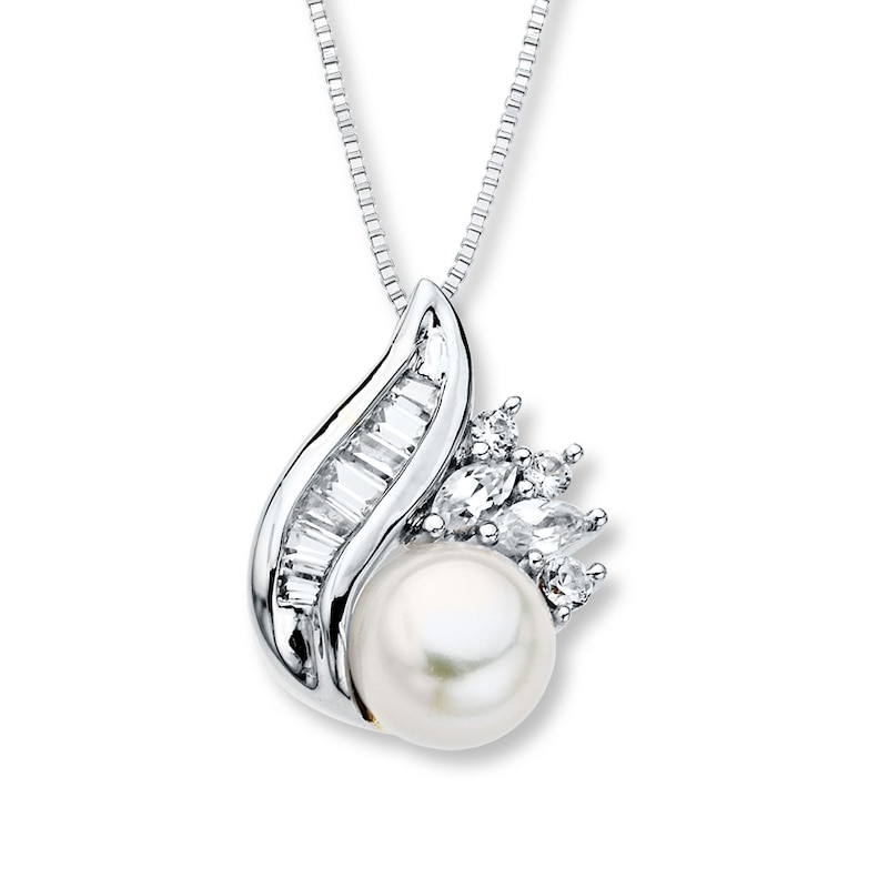 Main Image 1 of Cultured Pearl Necklace Lab-Created Sapphires Sterling Silver