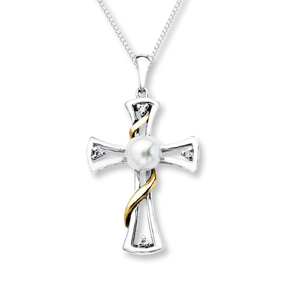 Cross Necklace Cultured Pearl Sterling Silver/10K Gold