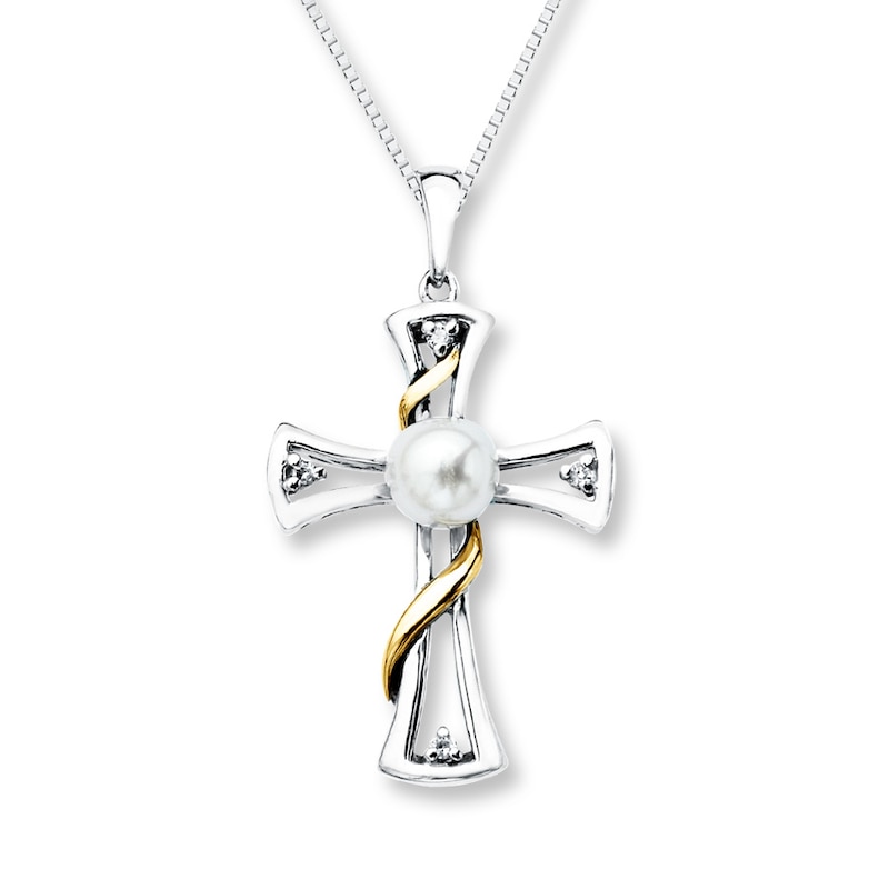 Main Image 1 of Cross Necklace Cultured Pearl Sterling Silver/10K Gold
