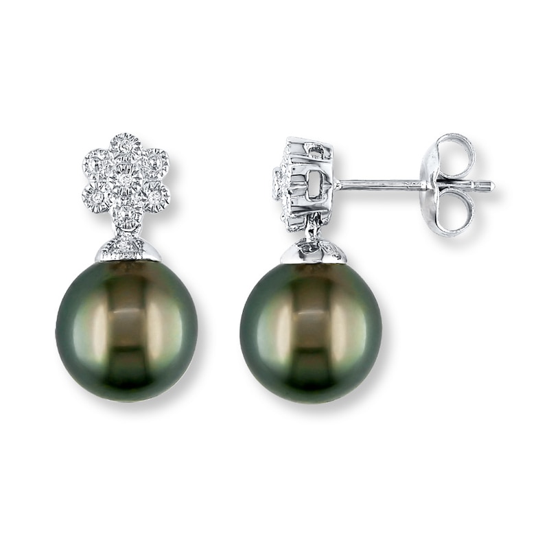 Main Image 1 of Tahitian Cultured Pearl Earrings 1/20 ct tw Diamonds Sterling Silver