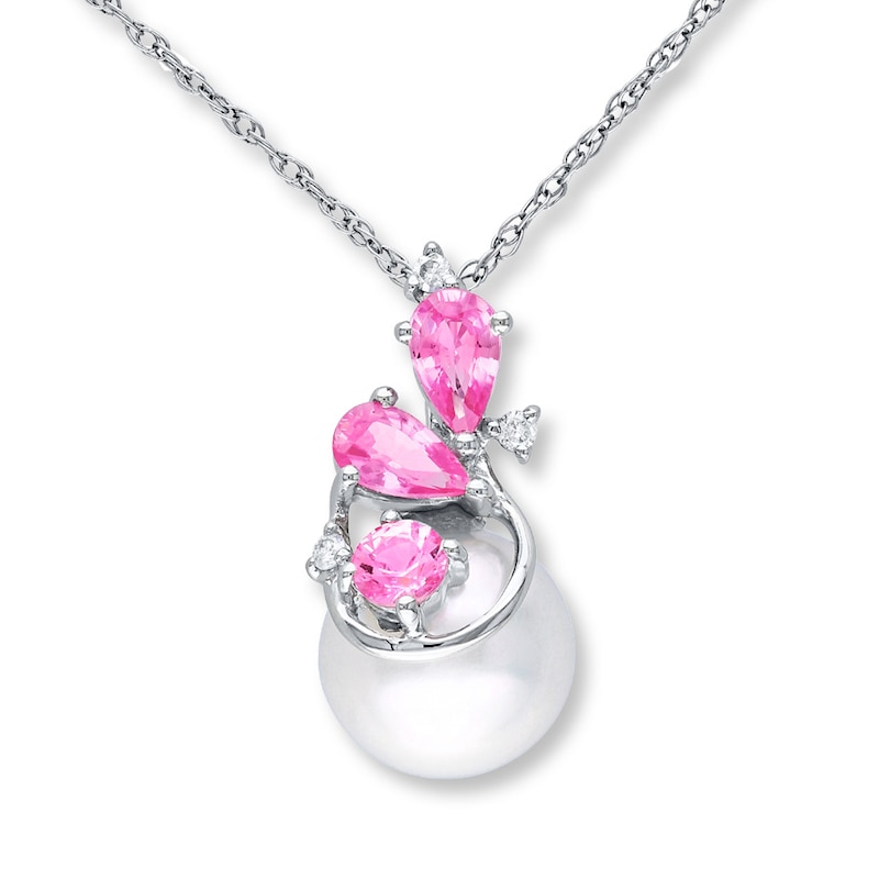 Cultured Pearl Necklace Pink Sapphires/Diamonds 10K White Gold