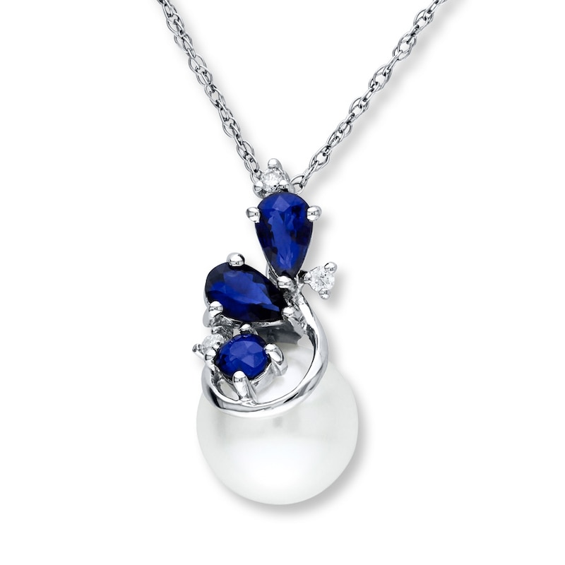 Main Image 1 of Cultured Pearl Necklace Sapphires/Diamonds 10K White Gold
