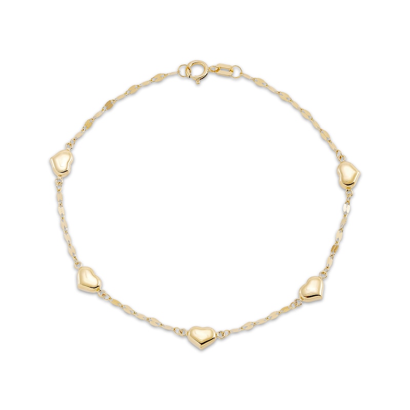 Heart Station Chain Bracelet 10K Yellow Gold 7.25”