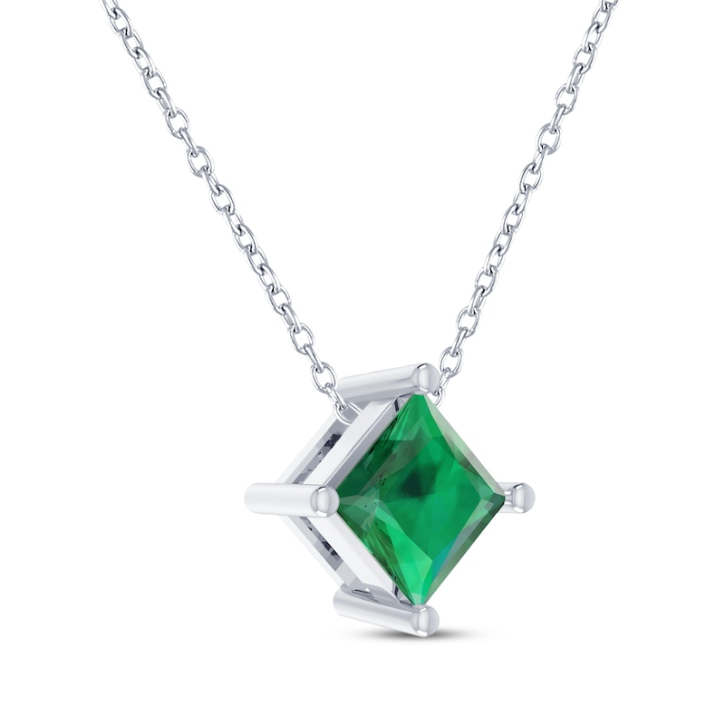 Square-Cut Lab-Created Emerald Solitaire Necklace Sterling Silver 18
