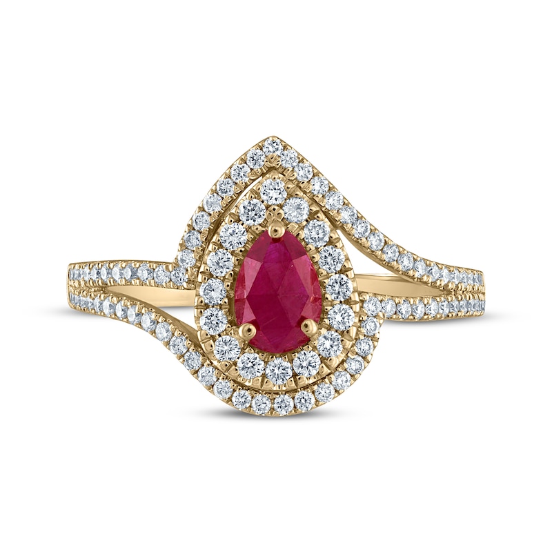 Main Image 3 of Greenland Rubies Collection Pear-Shaped Natural Ruby & Lab-Grown Diamond Ring 3/8 ct tw 14K Yellow Gold