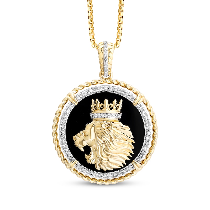Main Image 1 of Men's Diamond & Black Onyx King Lion Head Medallion Necklace 1/2 ct tw 10K Yellow Gold 22&quot;