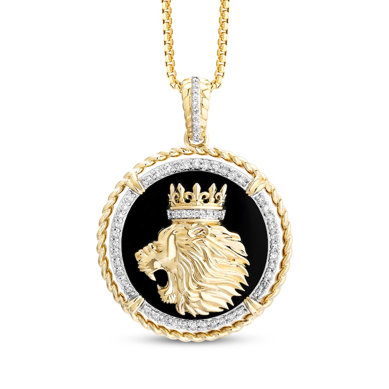 Men's Diamond & Black Onyx King Lion Head Medallion Necklace 1/2 ct tw 10K Yellow Gold 22"