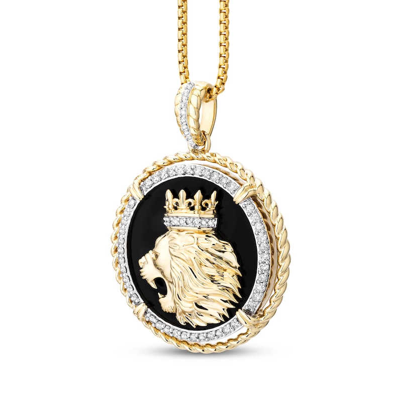 Men's Diamond & Black Onyx King Lion Head Medallion Necklace 1/2 ct tw 10K Yellow Gold 22"