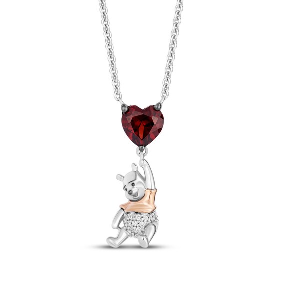 Disney Treasures Winnie the Pooh Heart-Shaped Garnet & Diamond Accent Necklace Sterling Silver & 10K Rose Gold 18"