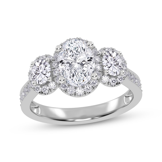 Memories Moments Magic Oval-Cut Lab-Grown Diamond Three-Stone Halo Engagement Ring 1-1/2 ct tw 14K White Gold
