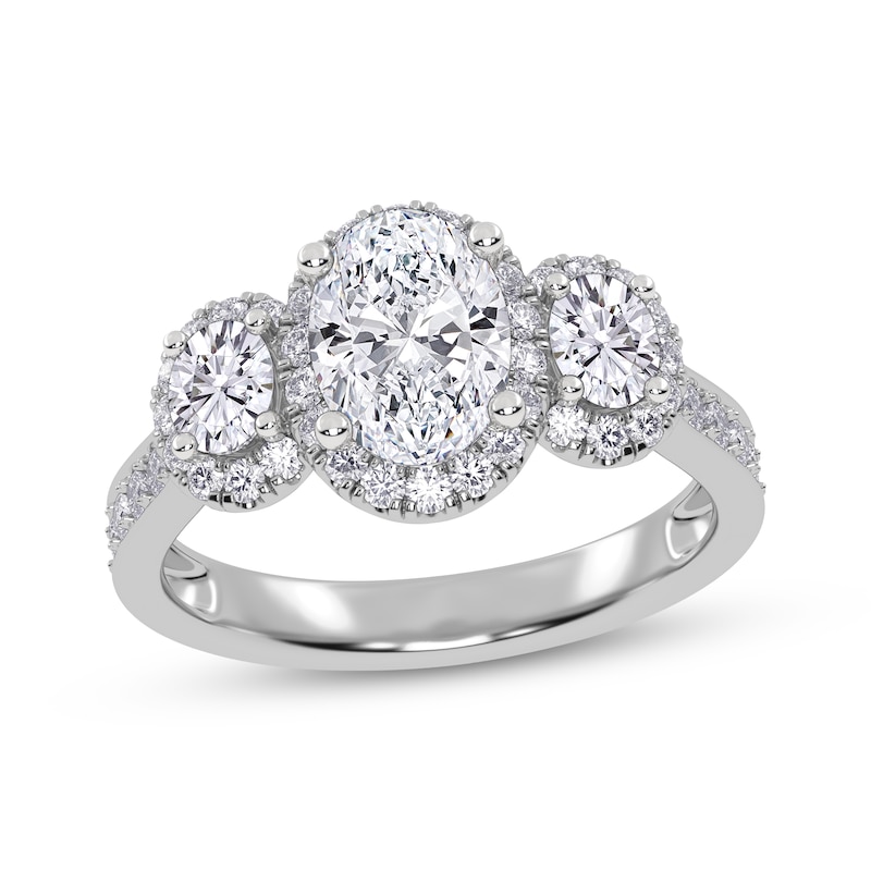 Main Image 1 of Memories Moments Magic Oval-Cut Lab-Grown Diamond Three-Stone Halo Engagement Ring 1-1/2 ct tw 14K White Gold