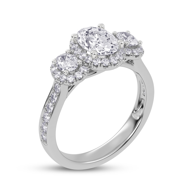 Main Image 2 of Memories Moments Magic Oval-Cut Lab-Grown Diamond Three-Stone Halo Engagement Ring 1-1/2 ct tw 14K White Gold