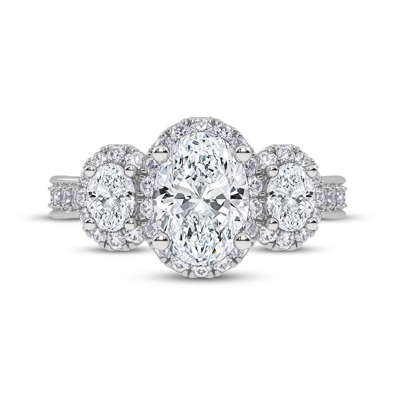 Main Image 3 of Memories Moments Magic Oval-Cut Lab-Grown Diamond Three-Stone Halo Engagement Ring 1-1/2 ct tw 14K White Gold
