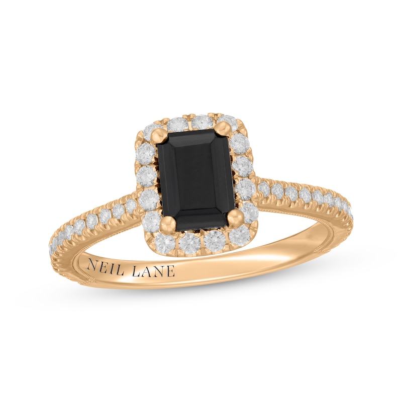 Main Image 1 of Neil Lane Emerald-Cut Black & White Diamond Halo Engagement Ring 1-1/2 ct tw 14K Yellow Gold