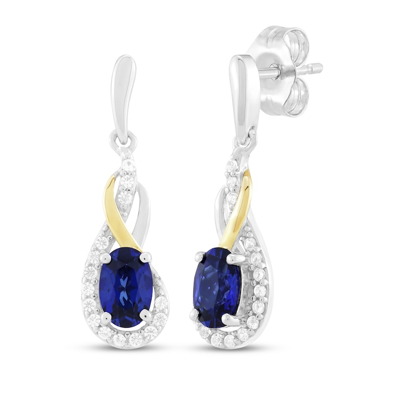Main Image 1 of Oval-Cut Blue Lab-Created Sapphire & White Lab-Created Sapphire Drop Earrings Sterling Silver & 10K Yellow Gold