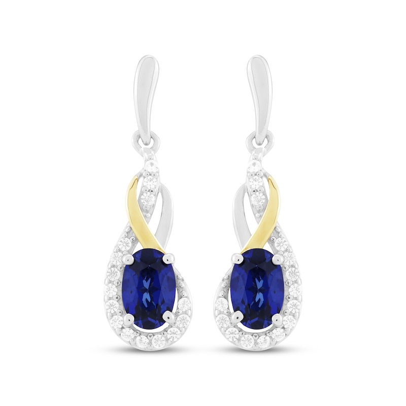 Main Image 2 of Oval-Cut Blue Lab-Created Sapphire & White Lab-Created Sapphire Drop Earrings Sterling Silver & 10K Yellow Gold