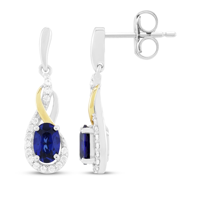 Main Image 3 of Oval-Cut Blue Lab-Created Sapphire & White Lab-Created Sapphire Drop Earrings Sterling Silver & 10K Yellow Gold