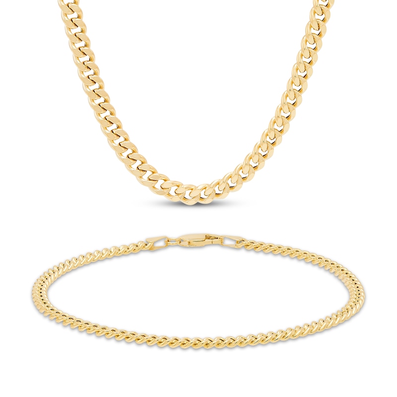 Main Image 1 of 3.55mm Diamond-Cut Cuban Curb Chain Set Hollow 10K Yellow Gold
