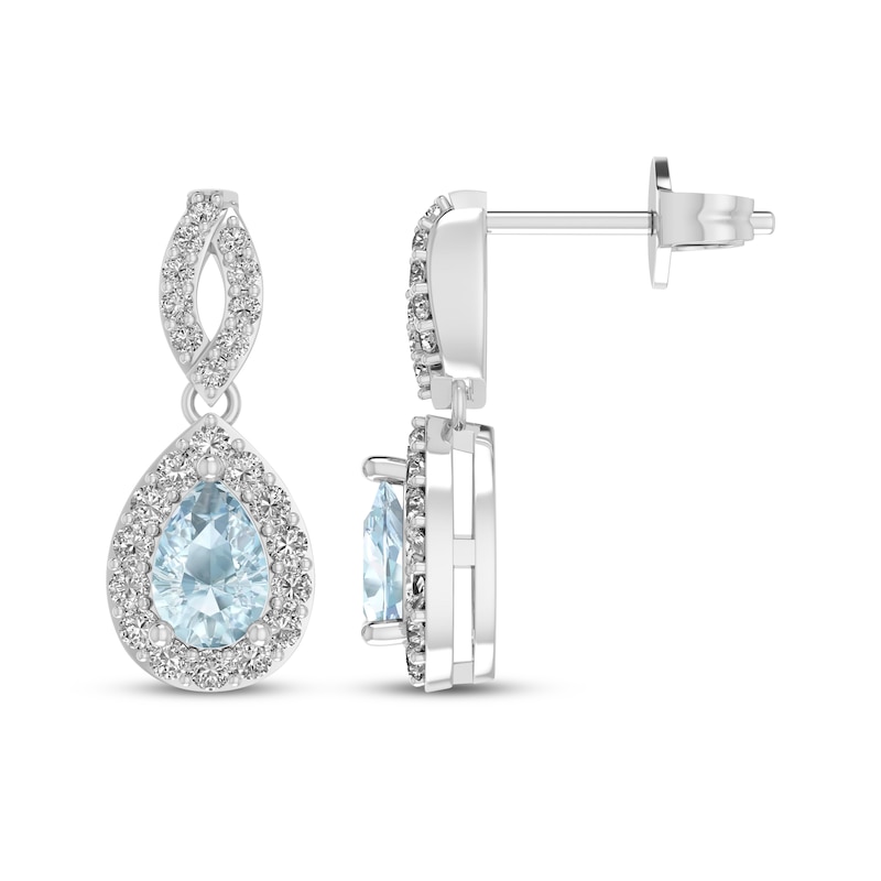 Main Image 1 of Pear-Shaped Aquamarine & White Lab-Created Sapphire Dangle Earrings Sterling Silver