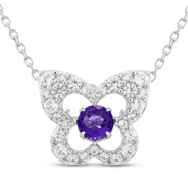Main Image 1 of Amethyst & White Lab-Created Sapphire Butterfly Necklace Sterling Silver 18"