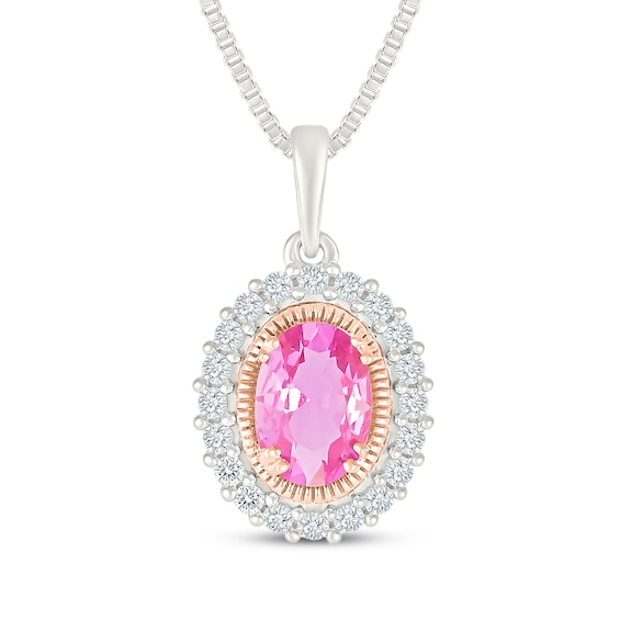 Oval-Cut Pink Lab-Created Sapphire & White Lab-Created Sapphire Necklace Sterling Silver & 10K Rose Gold 18"