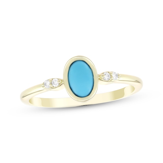 Petite Opaque Oval-Shaped Turquoise & Lab-Grown Diamond Accent Ring 10K Yellow Gold
