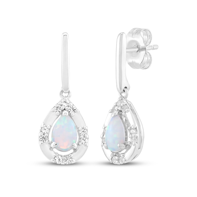 Main Image 1 of Pear-Shaped Lab-Created Opal & White Lab-Created Sapphire Drop Earrings Sterling Silver