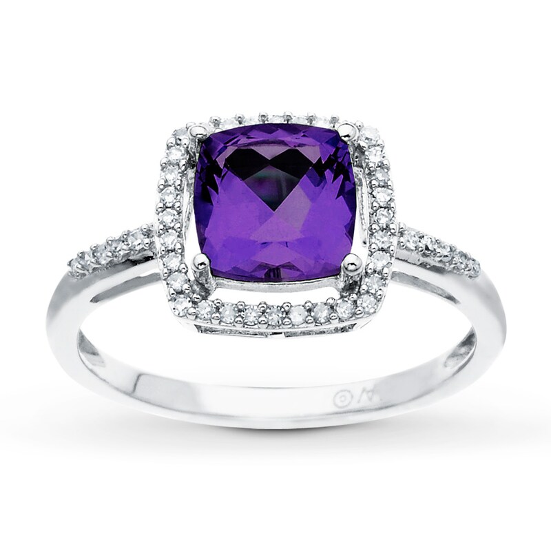 Main Image 1 of Amethyst Ring Cushion-Cut with Diamonds 10K White Gold