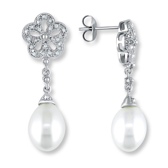 Cultured Pearl Earrings 1/20 ct tw Diamonds Sterling Silver