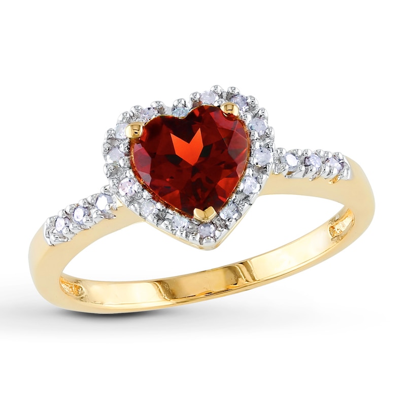 Main Image 1 of Garnet Heart Ring 1/10 ct tw Diamonds 10K Yellow Gold