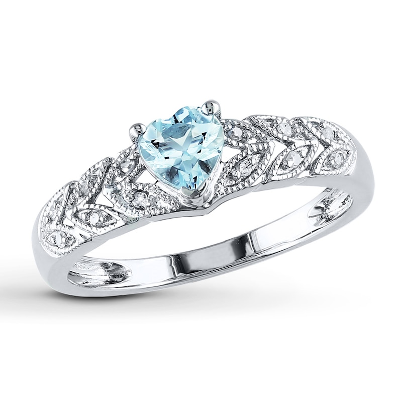 Main Image 1 of Aquamarine Heart Ring 1/20 ct tw Diamonds Sterling Silver
