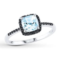 Aquamarine Ring 1/8 ct tw Black Diamonds 10K White Gold