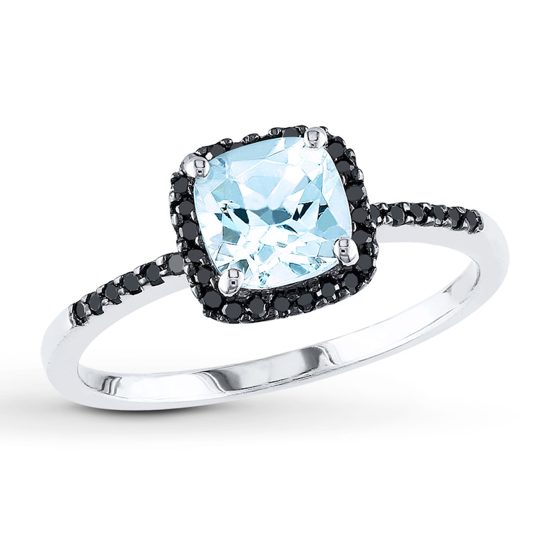 Main Image 1 of Aquamarine Ring 1/8 ct tw Black Diamonds 10K White Gold
