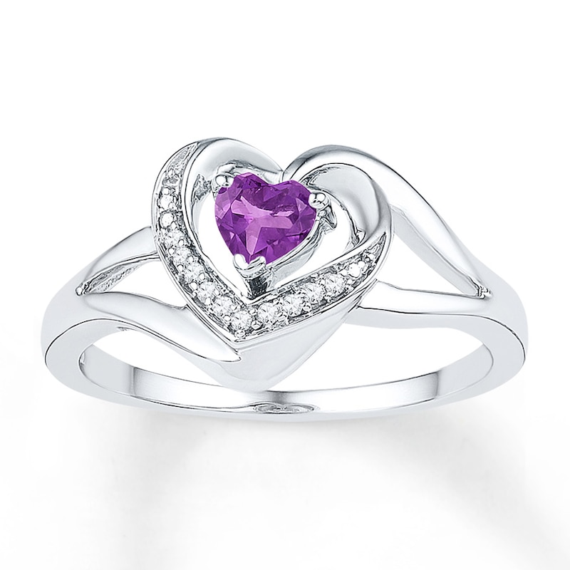Main Image 1 of Amethyst Heart Ring 1/20 ct tw Diamonds Sterling Silver
