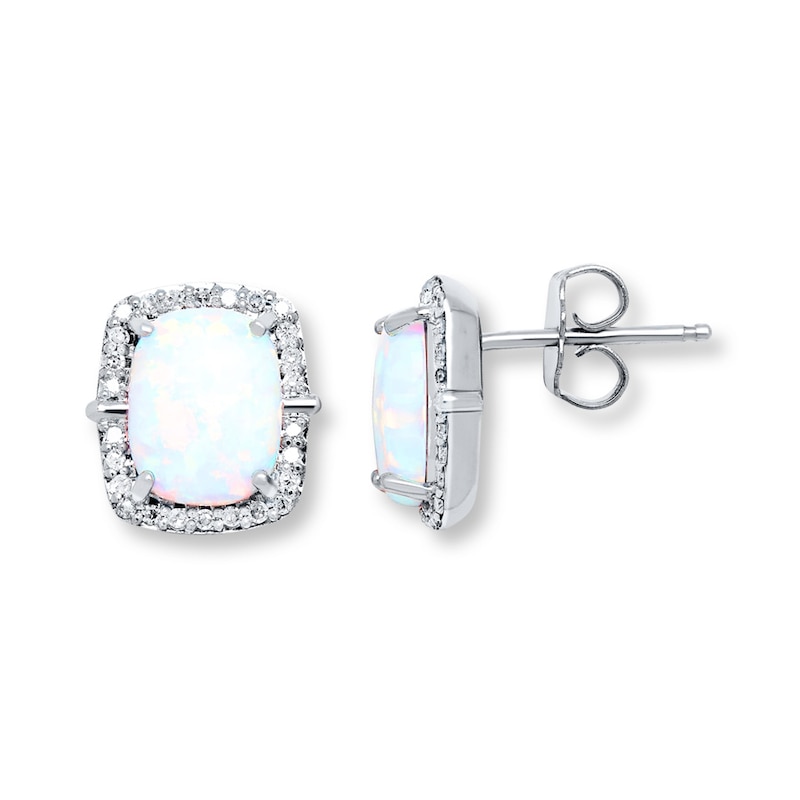 Main Image 1 of Lab-Created Opal Earrings 1/5 ct tw Diamonds Sterling Silver