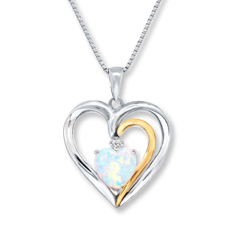 Main Image 1 of Heart Necklace Lab-Created Opal Sterling Silver/10K Gold