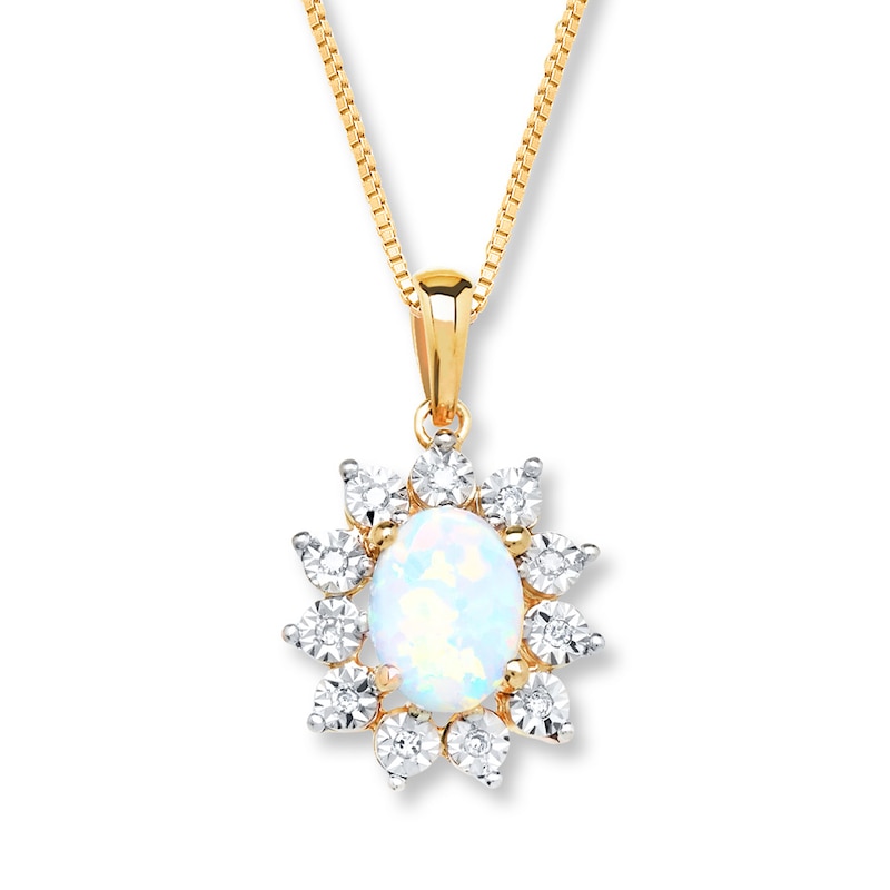 Main Image 1 of Lab-Created Opal Necklace 1/20 ct tw Diamonds 10K Yellow Gold