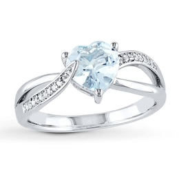 Aquamarine Heart Ring 1/20 ct tw Diamonds Sterling Silver